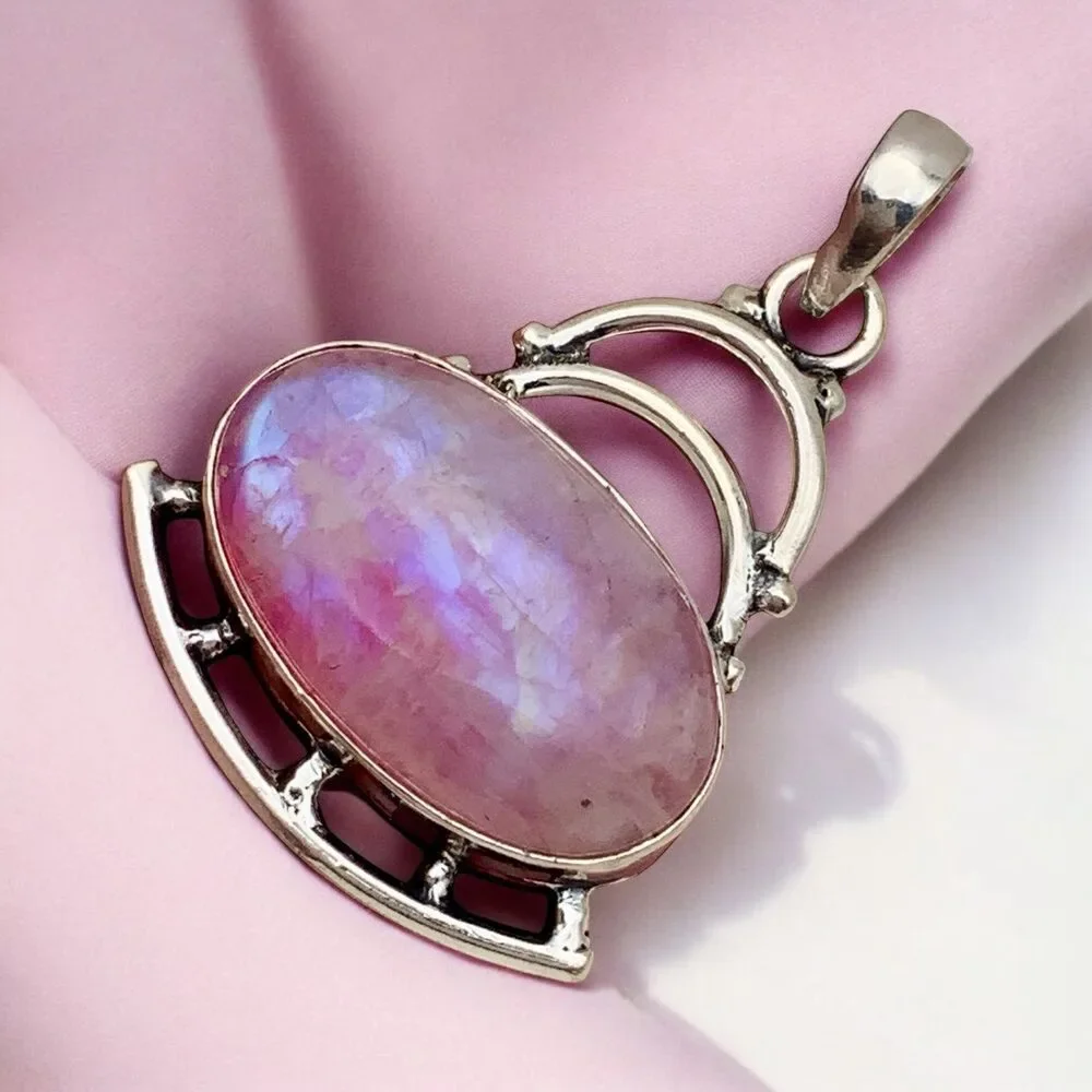 Pink Rainbow Moonstone Solid 925 Sterling Silver Pendant - Picture 1 of 5
